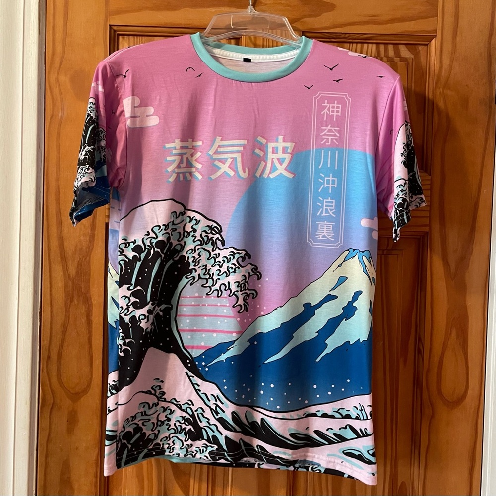 Wave Graphic Short Sleeve Tee - Pink and Blue
